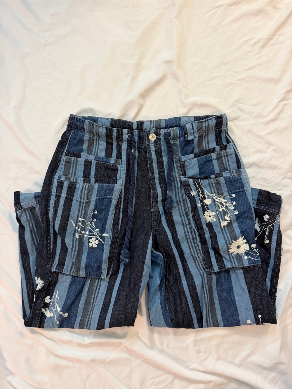 Free People Blue Striped Floral Embroidered Relaxed Jeans